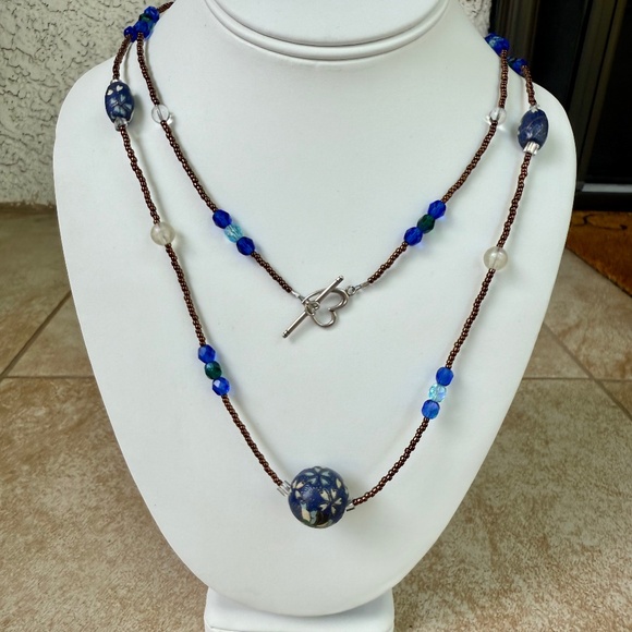 Hand Crafted Extra Long Blue & Copper Colored Washi Bead Necklace - Picture 1 of 8